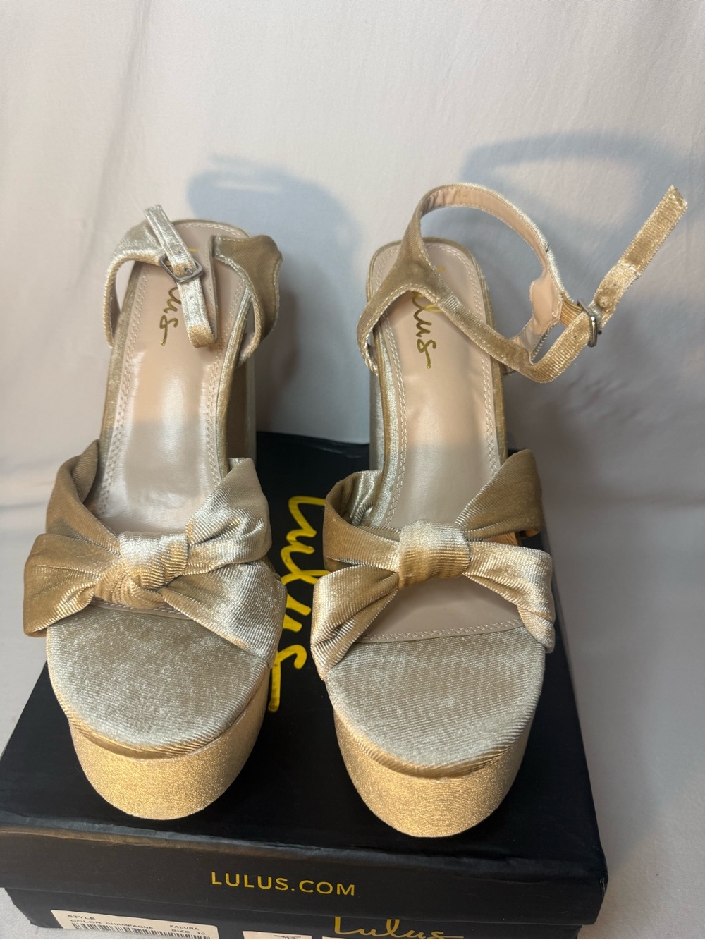 Lulu's Gold Velvet Bow Platform Heels